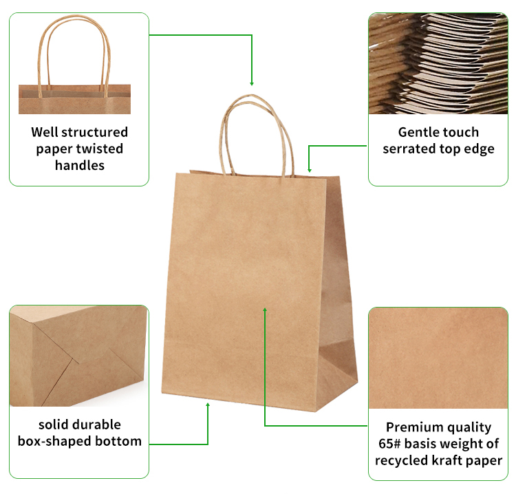Custom logo Printed Disposable Brown Kraft Paper Bag Food Take Out Shopping Gift Paper Bags With Handle - Image 3